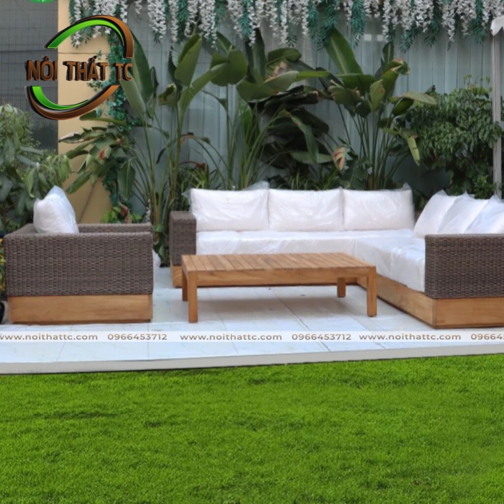 Bộ sofa gỗ tek kết hợp sợi nhựa giả mây SP04