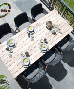 Bàn ghế ăn ngoài trời NT001 – Bộ 6 ghế đan, bàn gỗ teak