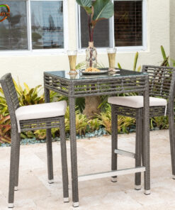 Ghế Bar GB002 với bàn cao vuông và nhóm ghế đan xám có đệm sáng