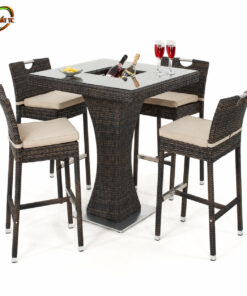 Ghế Bar GB003 với bàn bar chân trụ đan nâu đi cùng nhóm ghế cao