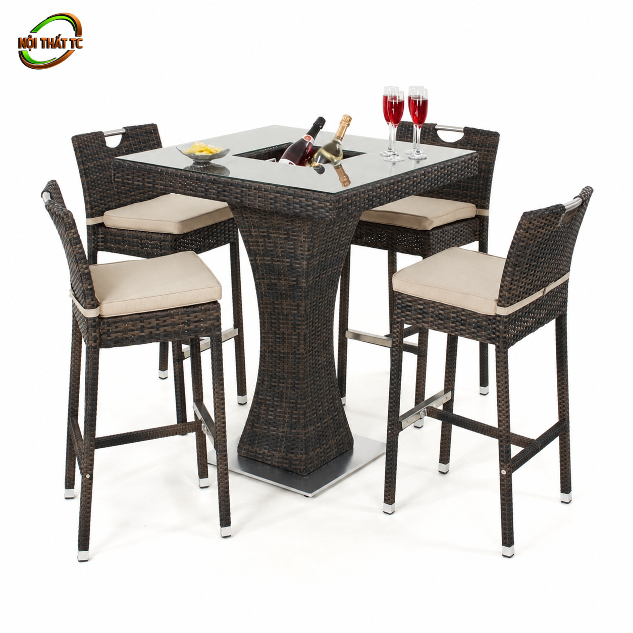 Ghế Bar GB003 Ghế Bar GB003 với bàn bar chân trụ đan nâu đi cùng nhóm ghế cao