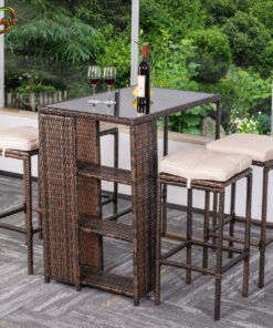 Bàn Ghế Quầy Bar GB012 với bàn cao vuông tích hợp khoang kệ và bốn ghế đệm sáng