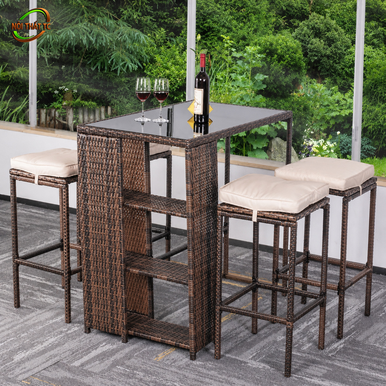Bàn Ghế Quầy Bar GB012 Bàn Ghế Quầy Bar GB012 với bàn cao vuông tích hợp khoang kệ và bốn ghế đệm sáng