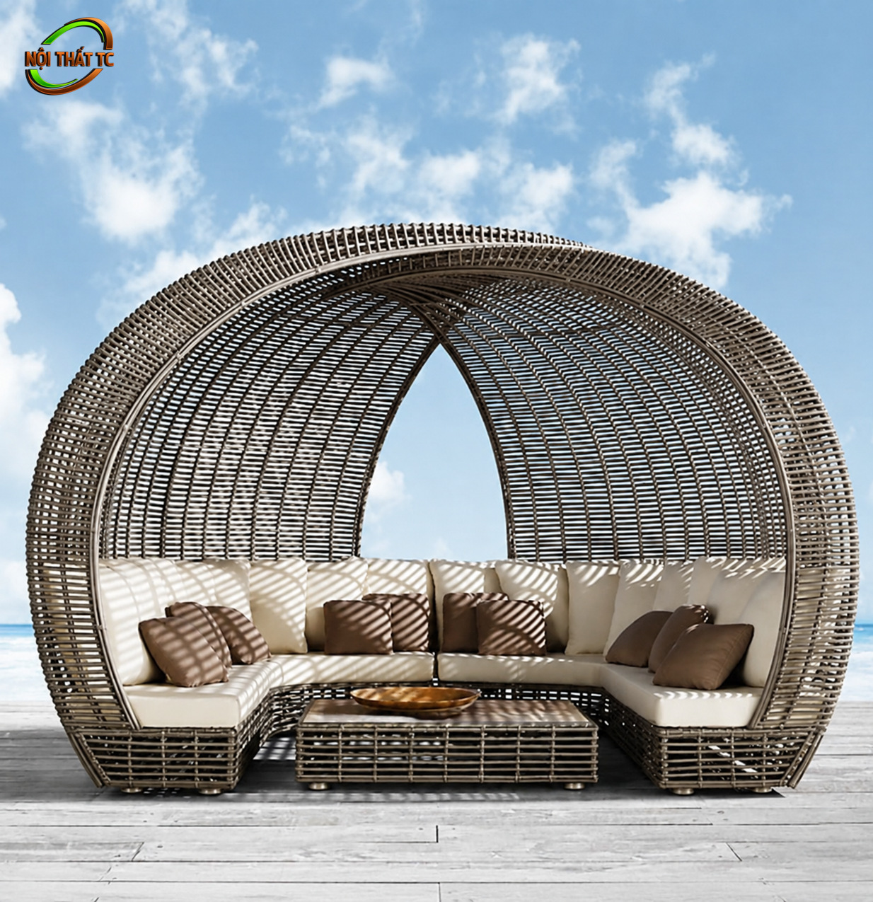 Ghế tổ chim mây nhựa GTC04 Ghế tổ chim mây nhựa GTC04 với ghế tổ chim cỡ lớn dạng vòm tròn, lòng ghế cong và đệm kem
