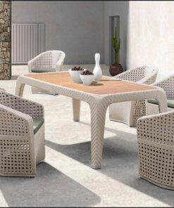 Bàn ghế ăn ngoài trời NT020 mây nhựa màu be và đệm xanh nhạt