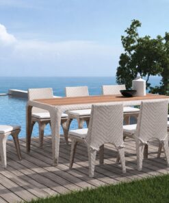Bàn ghế ăn ngoài trời NT025 tông trắng bên hồ bơi